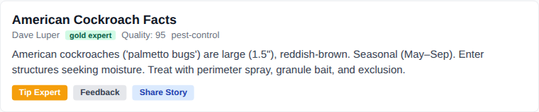 Search result card showing expert badge, quality score, and action buttons