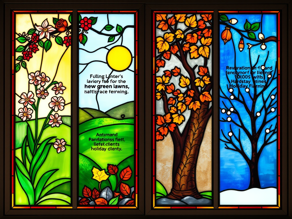 Stained glass four-season illustration for landscaping marketing campaign calendar